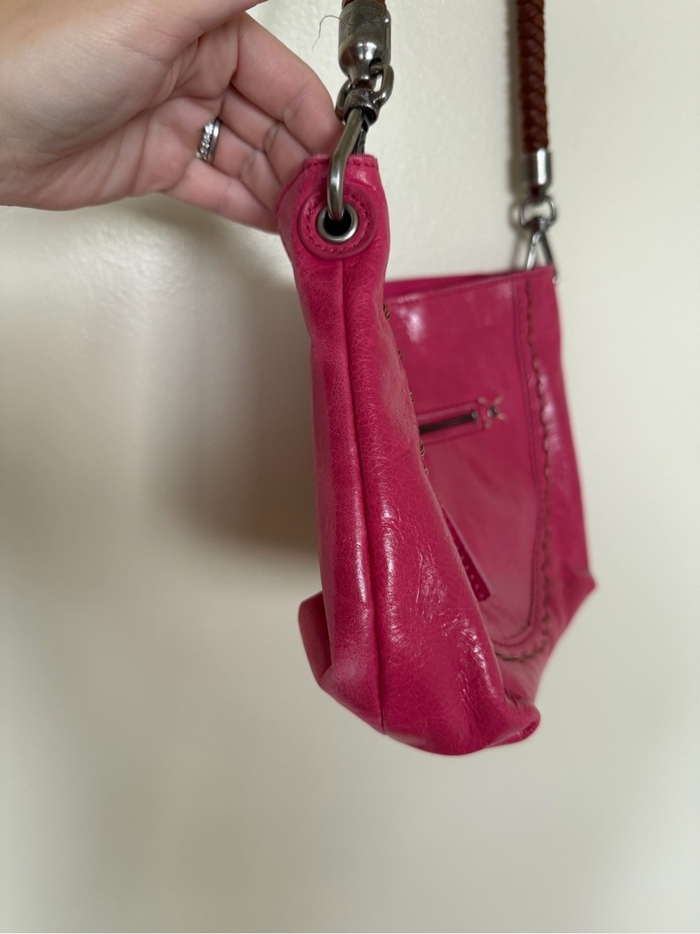 THE SAK Bright Pink Leather Woven Strap Hobo Shoulder Bag - Picture 5 of 11